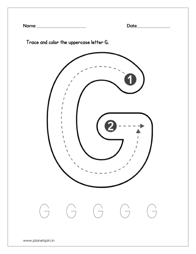 Download the kindergarten worksheet to trace and color the uppercase letter G