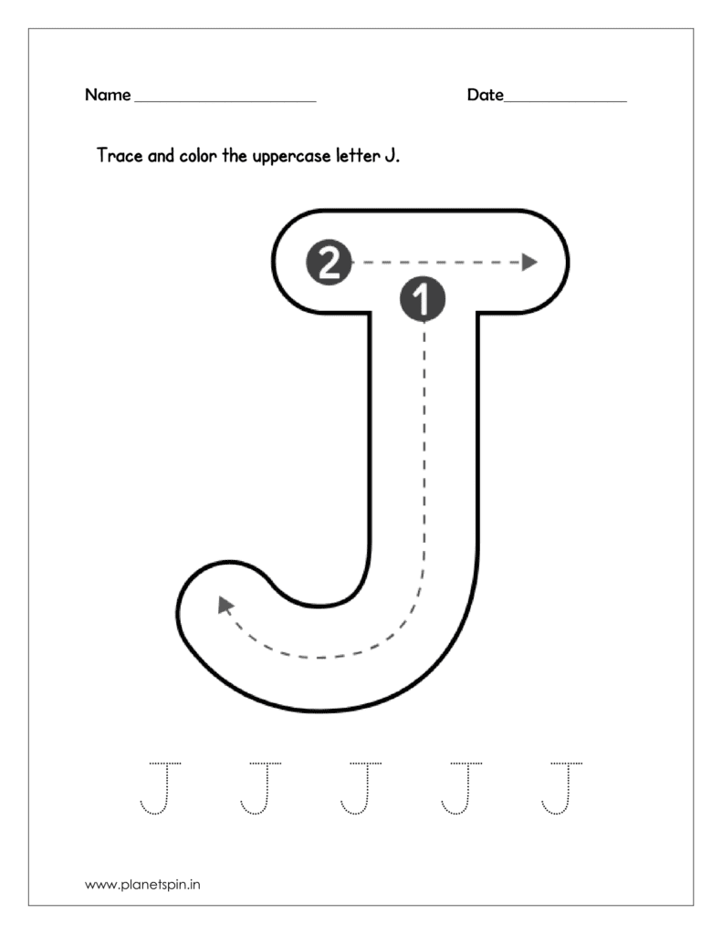 Download the kindergarten worksheet to trace and color the uppercase letter J