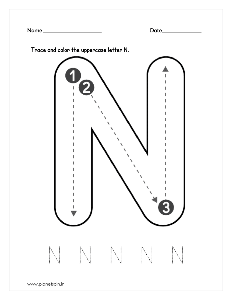 Download the kindergarten worksheet to trace and color the uppercase letter N