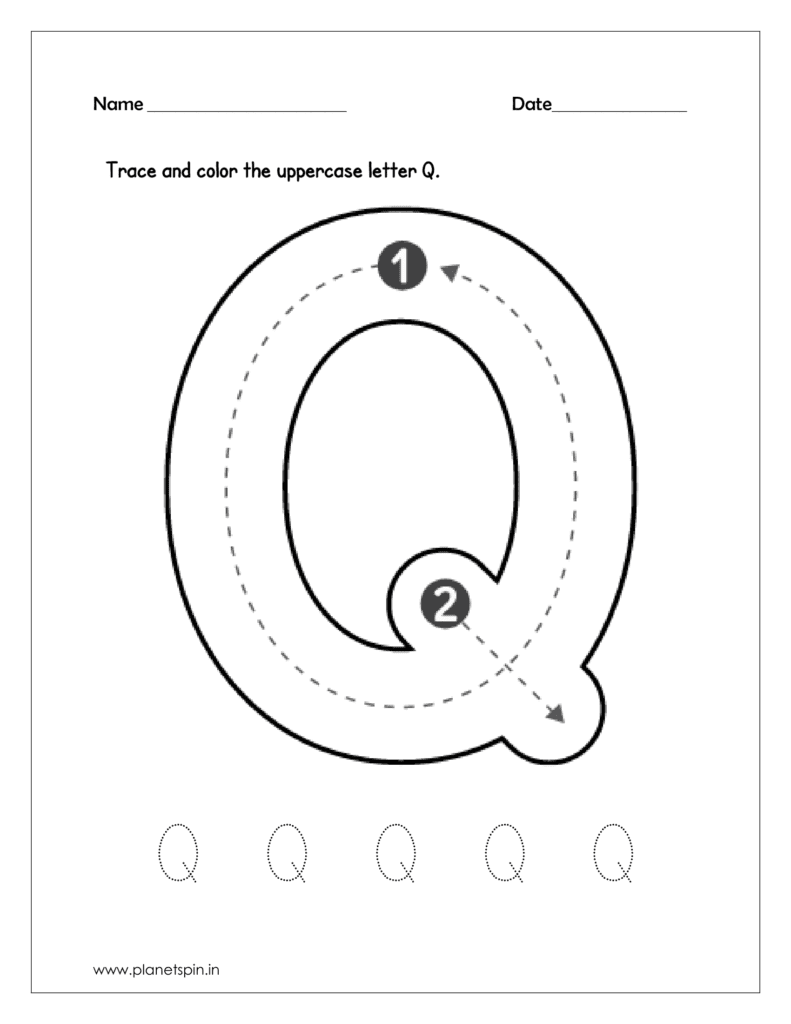 Download the kindergarten worksheet to trace and color the uppercase letter Q