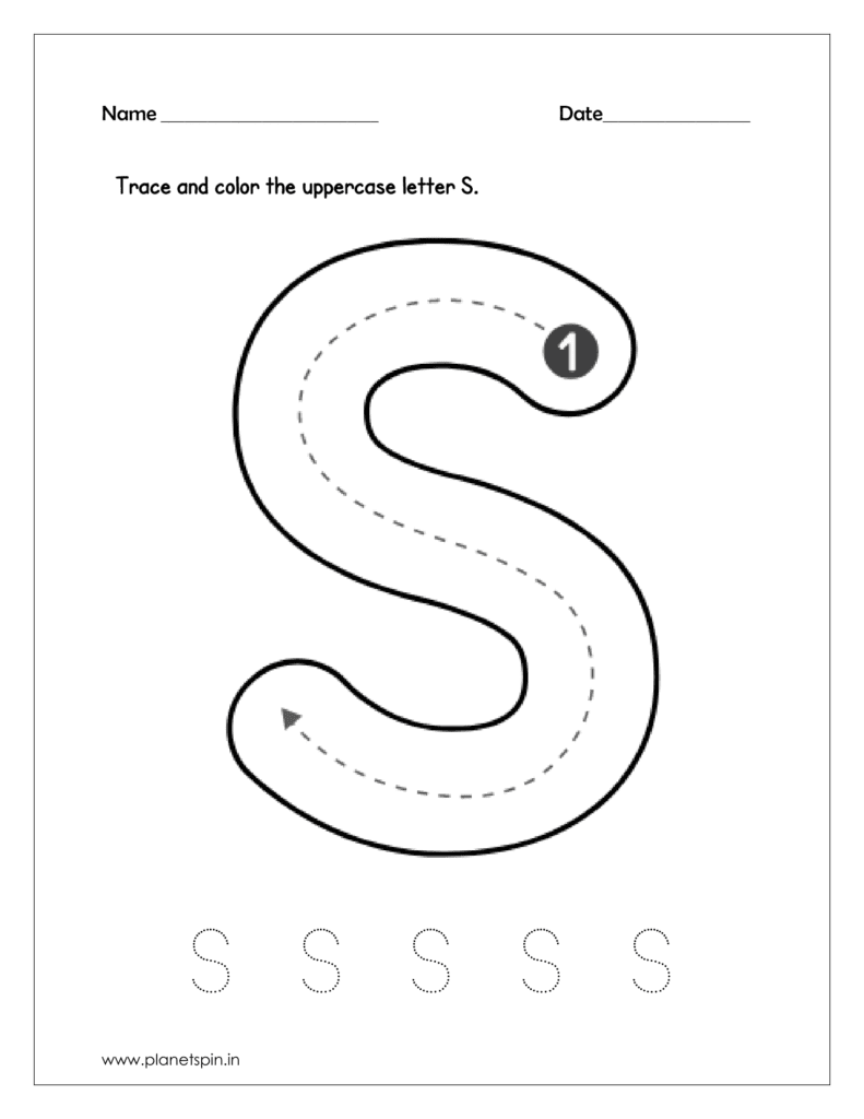 Download the kindergarten worksheet to trace and color the uppercase letter S