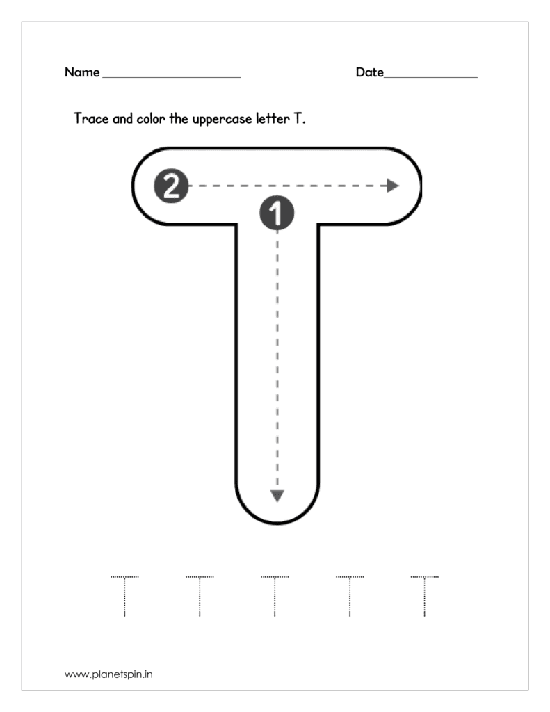 Download the kindergarten worksheets for tracing the uppercase letter T