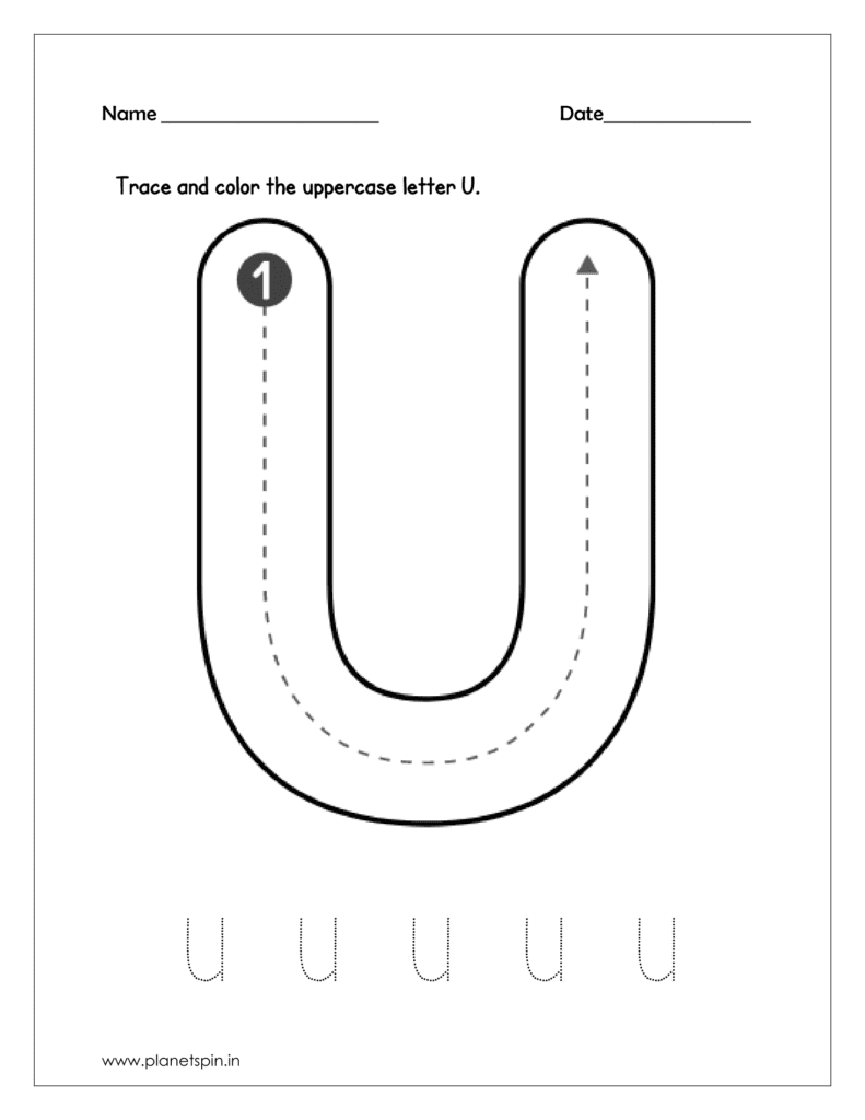 Download the kindergarten worksheets for tracing the uppercase letter U