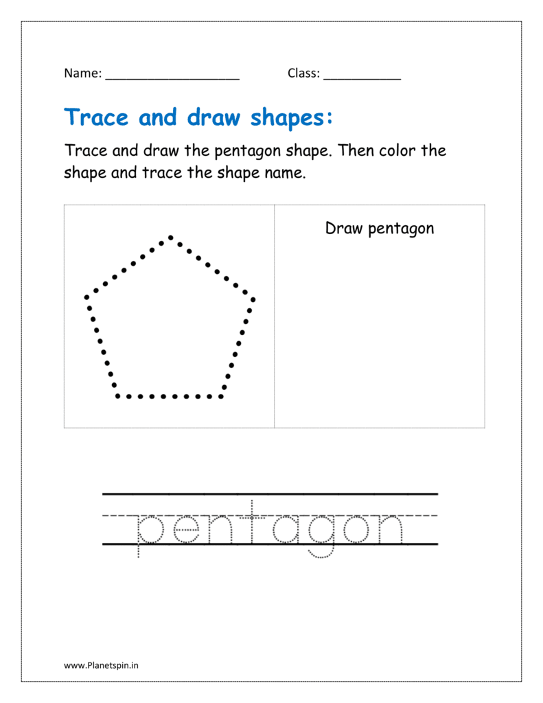 Trace, draw and color the pentagon shape. Then trace the shape name in the worksheet pdf