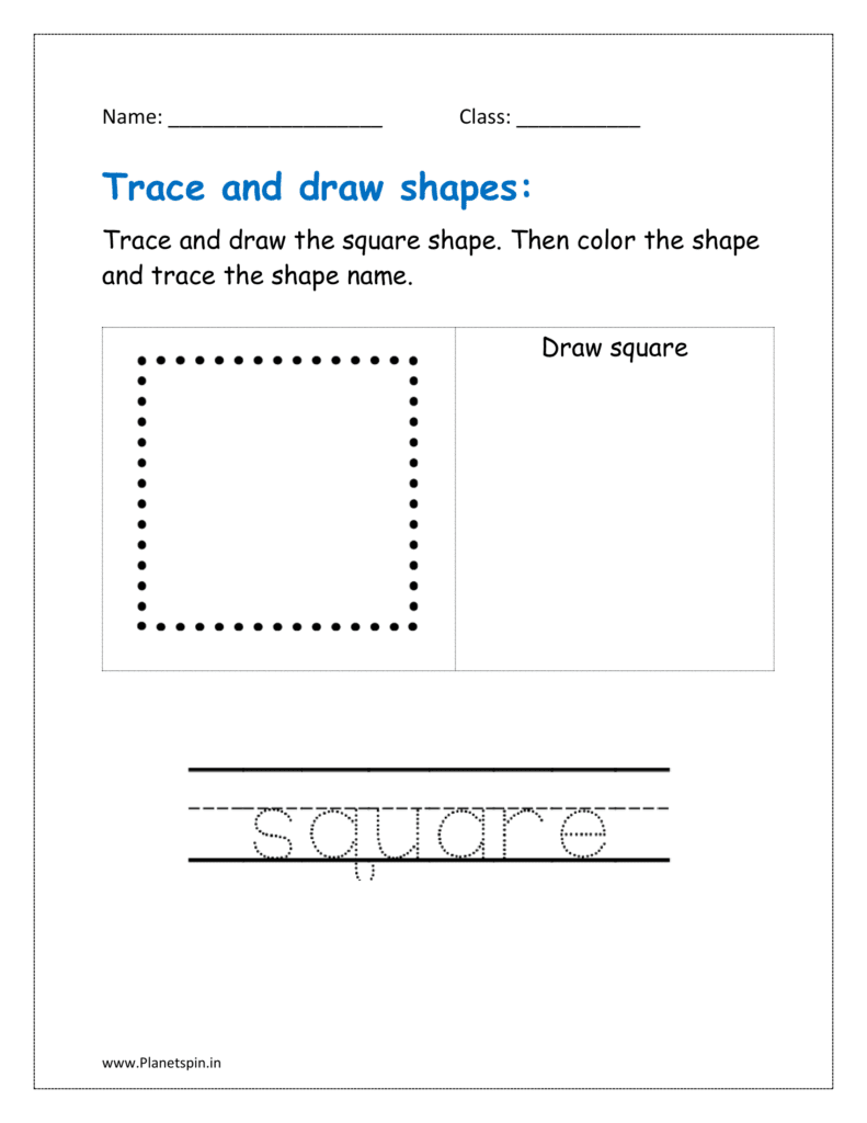 Trace, draw and color the square shape. Then trace the shape name in the worksheet pdf