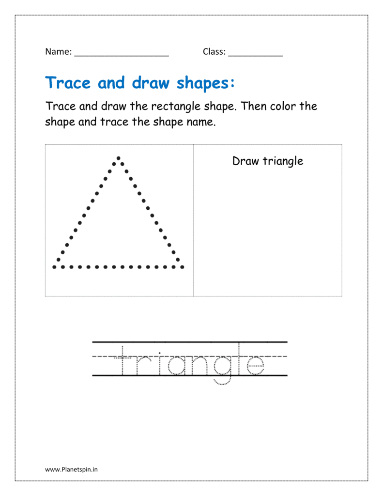 Trace, draw and color the triangle shape. Then trace the shape name in the worksheet pdf