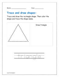 Trace, draw and color the triangle shape. Then trace the shape name in the worksheet pdf