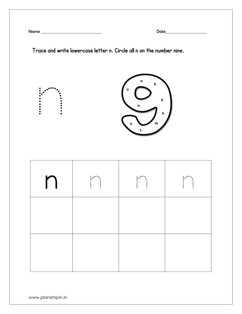 Tracing and write the lowercase letter n for preschool. Then identify and circle all the letter n drawn on the number 9.