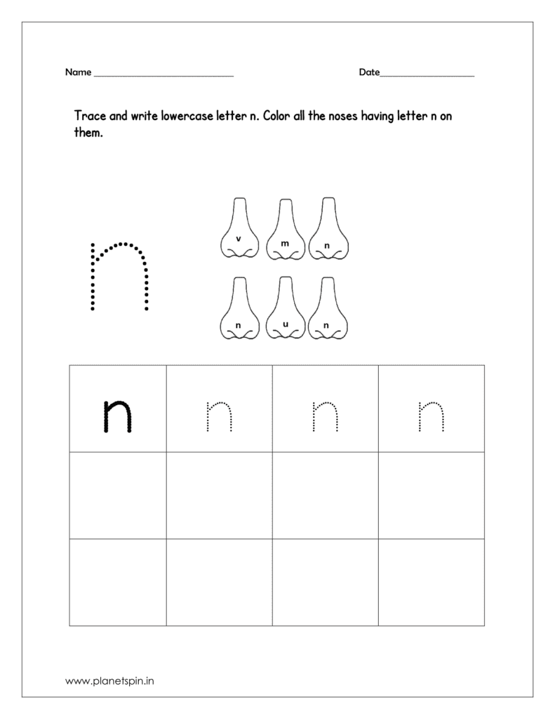 Tracing and write the lowercase letter n for preschool. Then color all the noses which are having lowercase letter n on them.