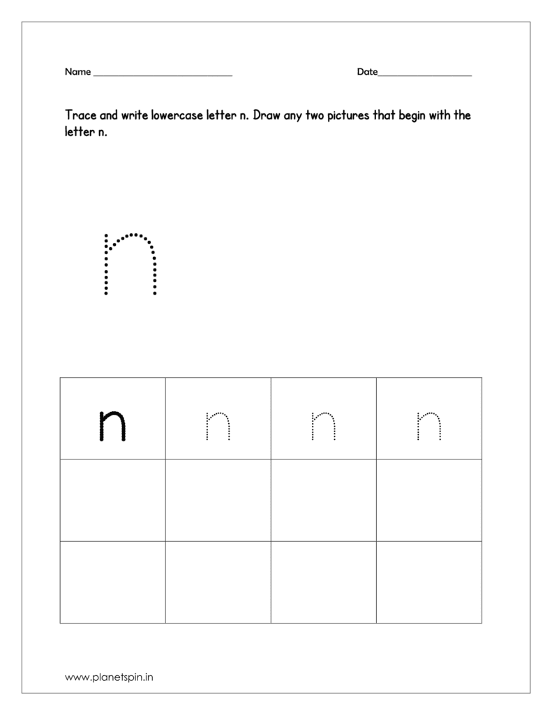 Trace and write the lowercase letter n. And draw any two pictures that begin with the letter n and color the pictures too.