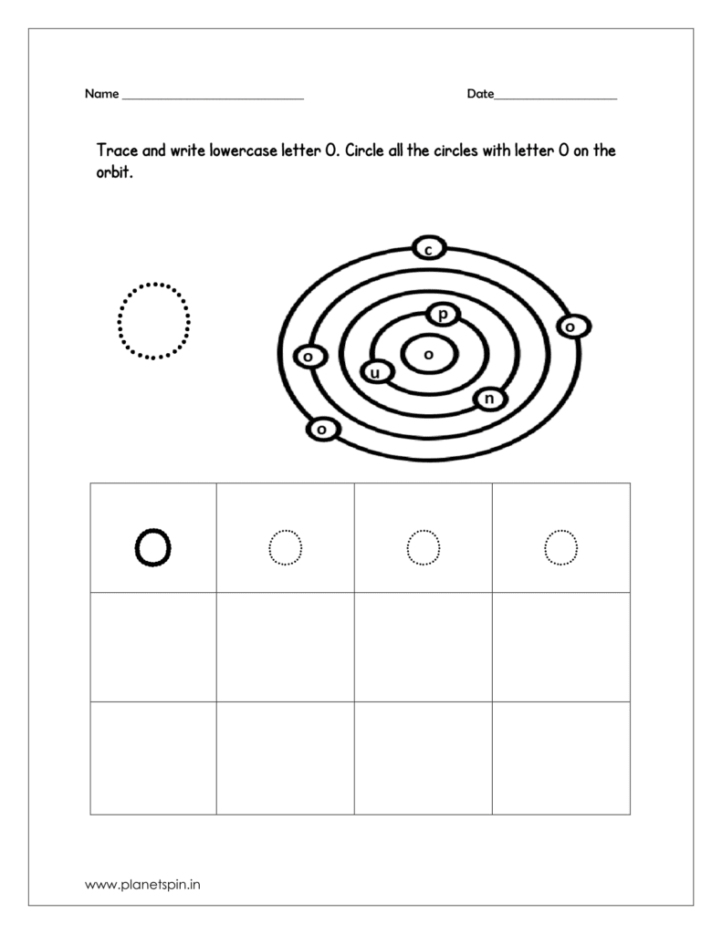 Trace and write the lowercase letter O Then identify and circle all the letter O drawn on the orbit circles.