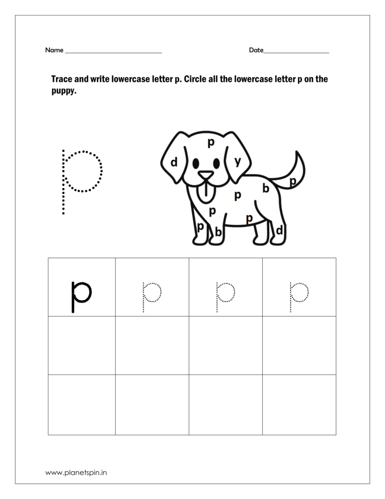 Trace and write the lowercase p. Then identify and circle all the letter p drawn on the puppy.