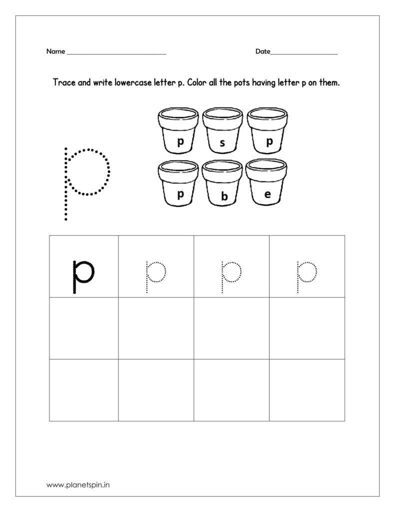 Trace and write the lowercase p. Then color all the pots which are having lowercase p on them.