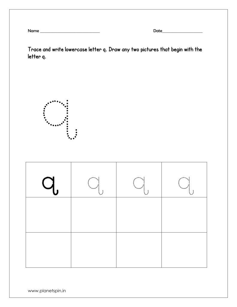 Trace and write the lowercase letter q. And draw any two pictures that begin with the letter q and color the pictures too.