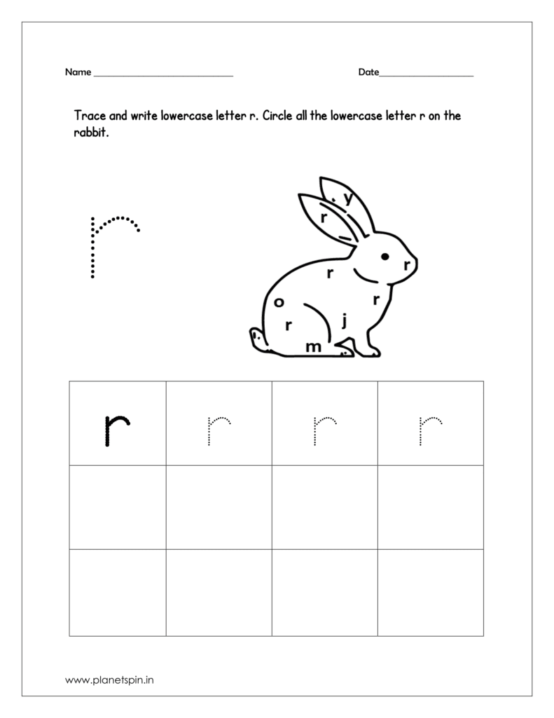 Trace and write the lowercase r. Then color the picture (rabbit).