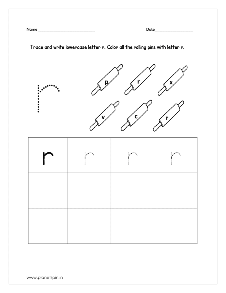 Trace and write the lowercase r. Then color all the rolling pins which are having lowercase r on them.