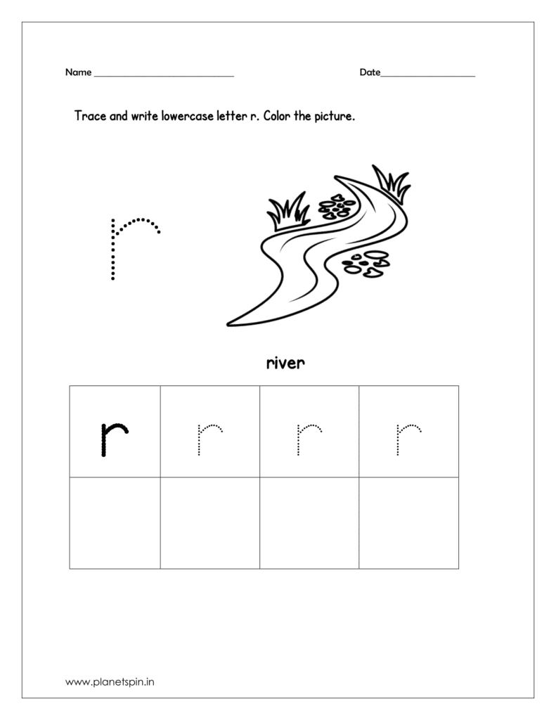 Trace and write the lowercase r. Then color the picture (river).