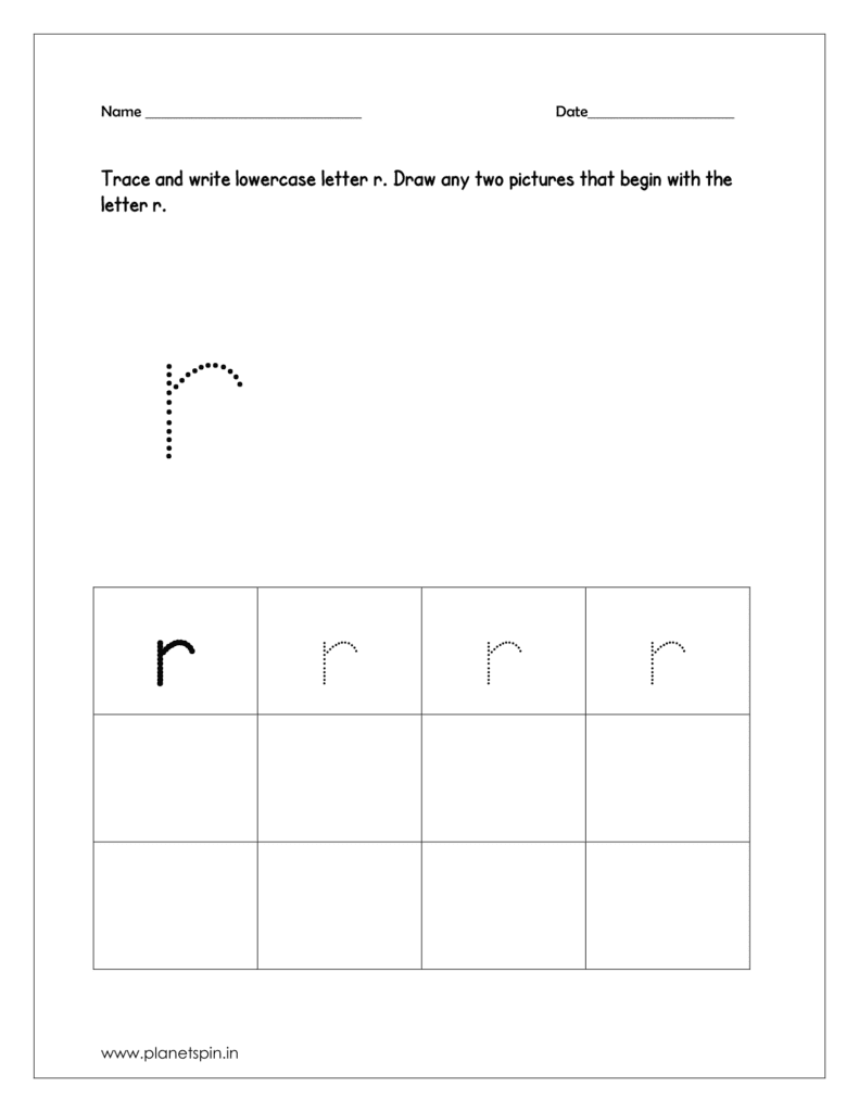 Trace and write the lowercase r. And draw any two pictures that begin with r and color the pictures too.