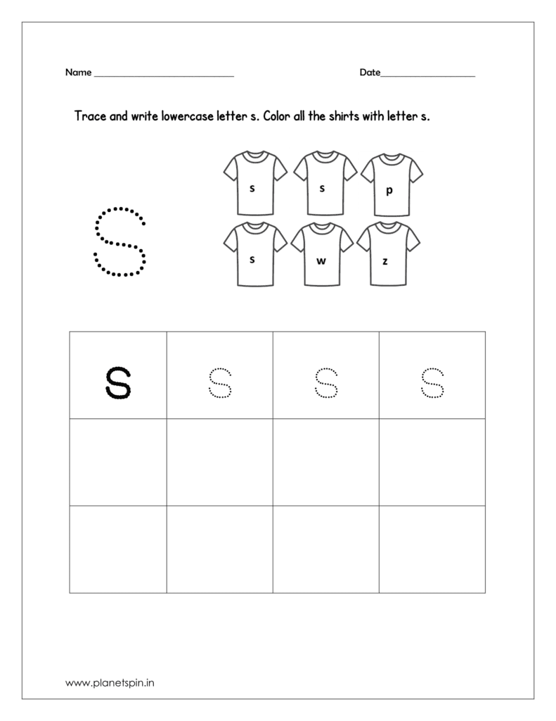 Color all the shirts with lowercase letter s.