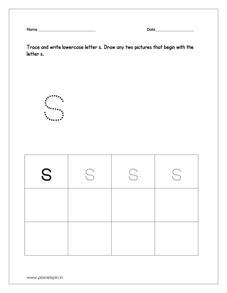 Trace and write the lowercase letter s. And draw any two pictures that begin with the letter s and color the pictures too.