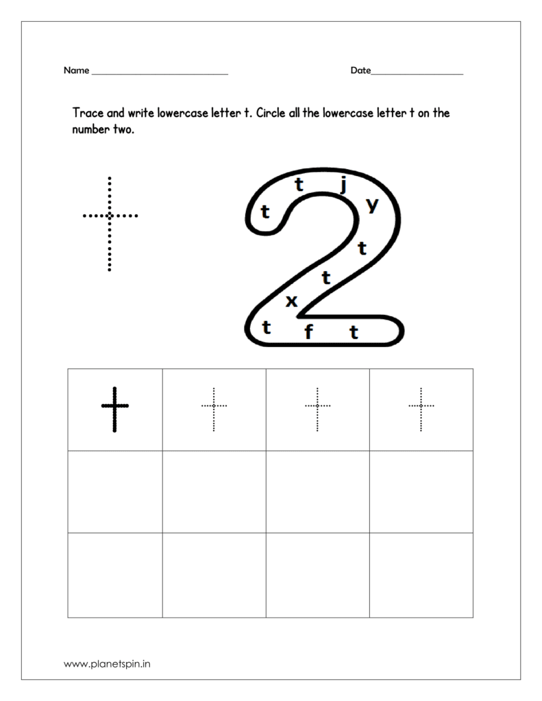 Circle all the lowercase t drawn on the number two.