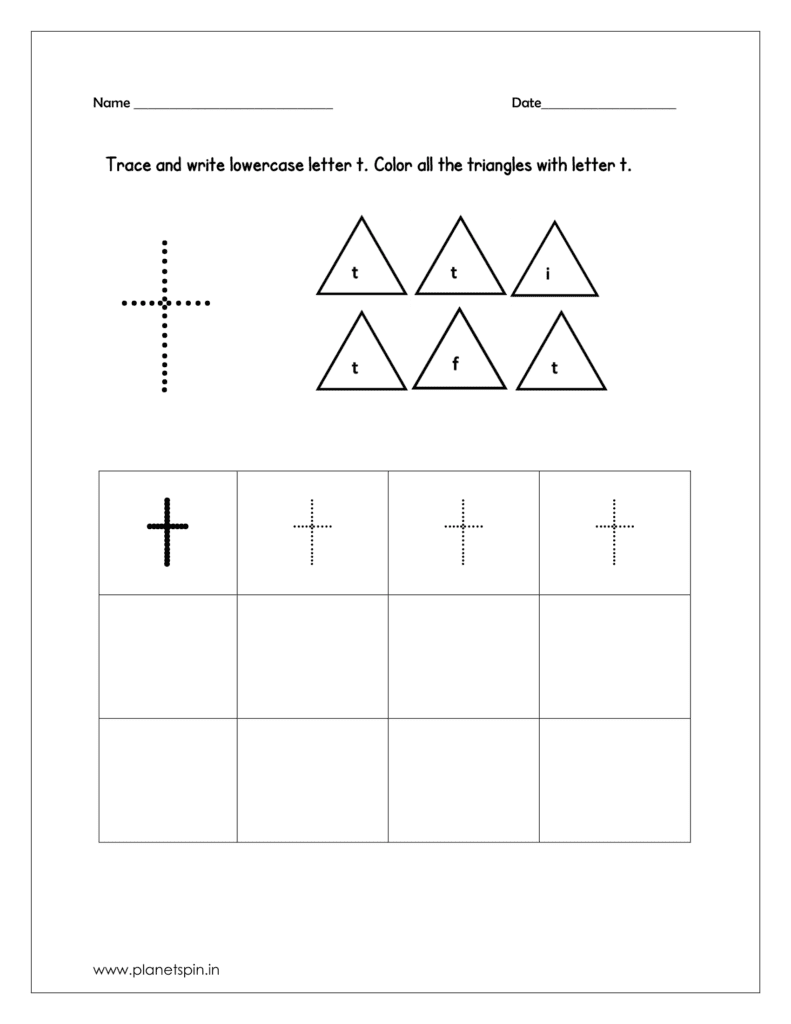 Trace and write the lowercase letter t. Color all the triangles with lowercase letter t.