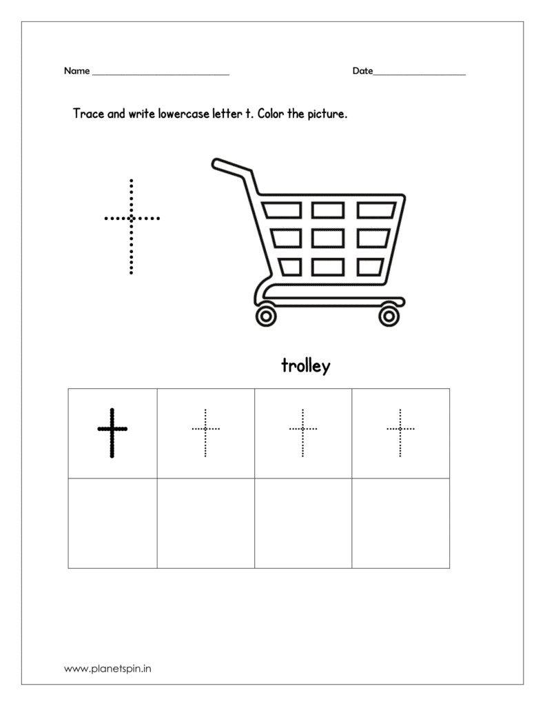 Trace and write the lowercase letter t. Then color the picture (trolley).