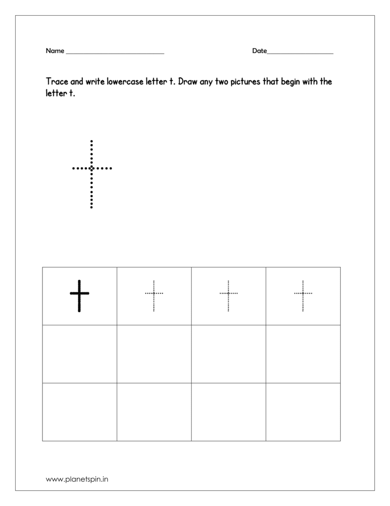 Trace and write the lowercase letter t. And draw any two pictures that begin with the letter t and color the pictures too.