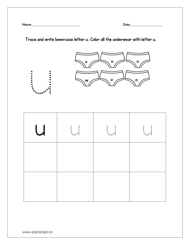 Trace and write the lowercase letter u. Color all the underwear with lowercase letter u.