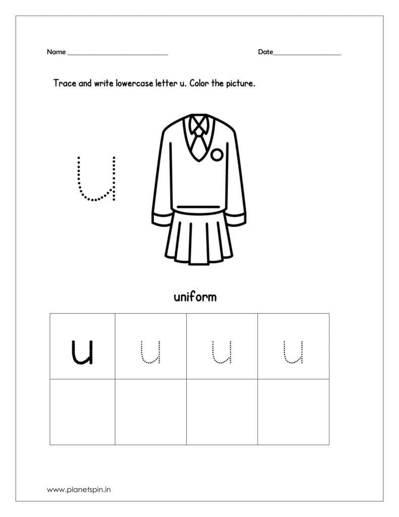 Trace and write the lowercase letter u. Then color the picture (uniform).