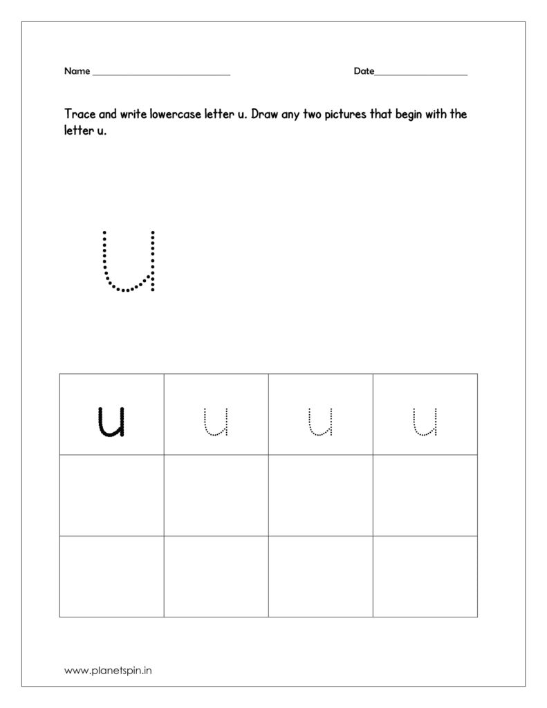 Trace and write the lowercase letter u. And draw any two pictures that begin with the letter u and color the pictures too.