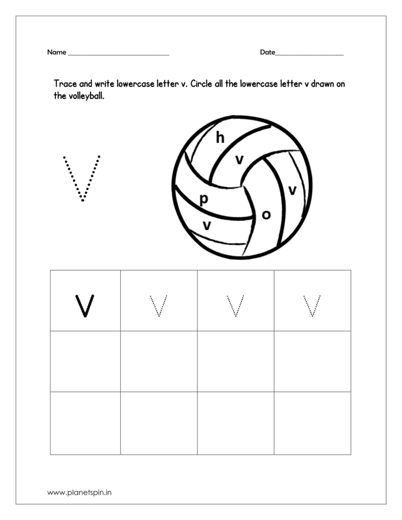 Trace and write the lowercase v. Then circle all the lowercase v drawn on the volleyball.