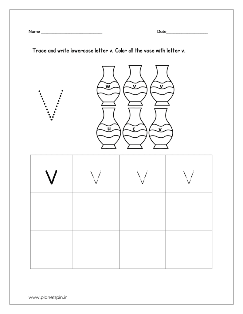 Trace and write the lowercase v. Color all the vase with lowercase v.