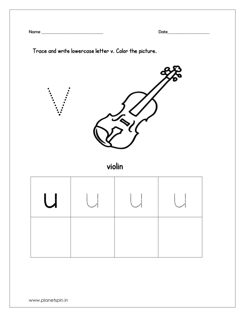 Trace and write the lowercase letter v. Then color the picture (violin).