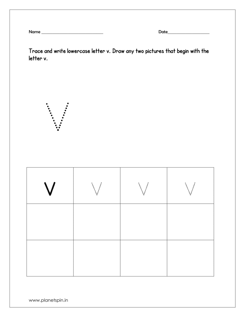 Tracing and writing the lowercase letter v. And draw any two pictures that begin with the letter v and color the pictures too.