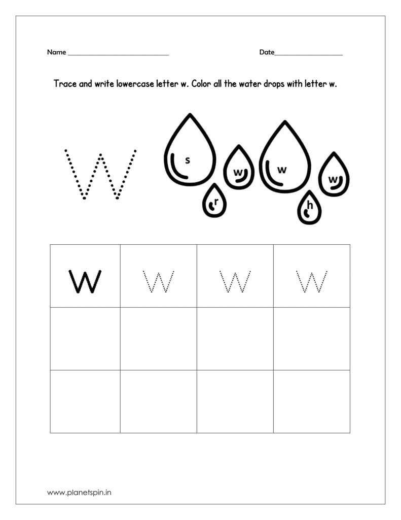 Color all the water drops with lowercase letter w.