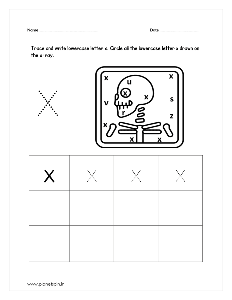 write the lowercase letter x. Then circle all the lowercase letter x drawn on x-ray.