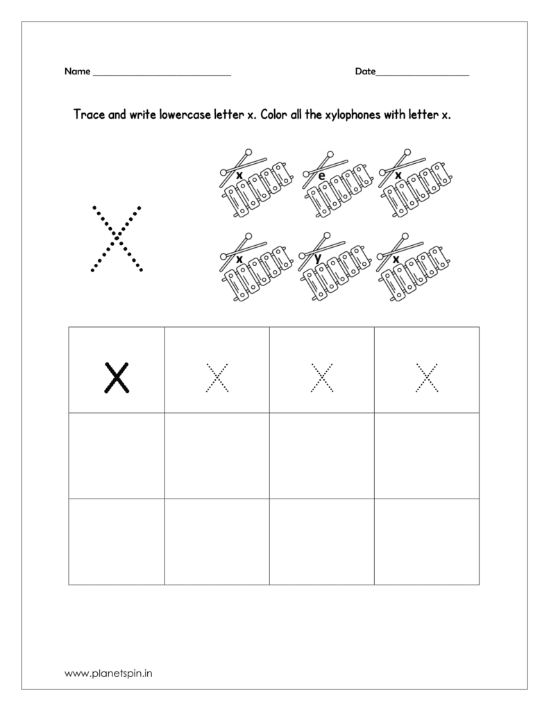 write the lowercase x. Color all the xylophones with lowercase x.