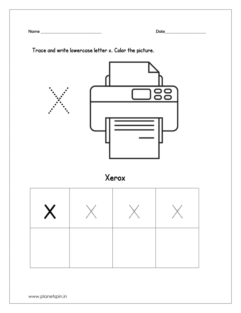 write the lowercase letter x. Then color the picture (xerox).