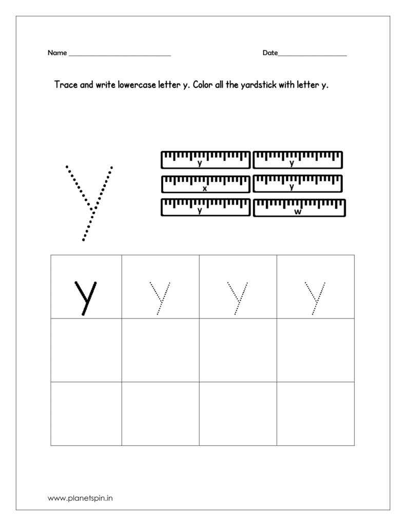 Trace and write the lowercase y. Color all the yardstick with lowercase y 