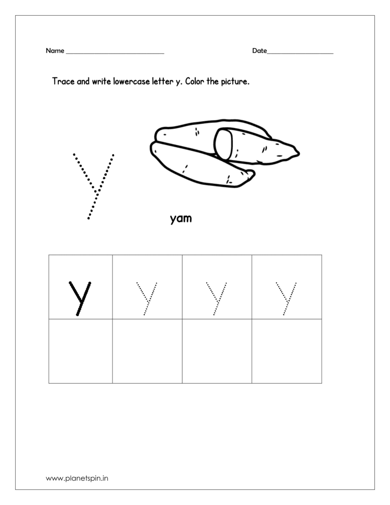 Trace and write the lowercase letter y. Then color the picture (yam)