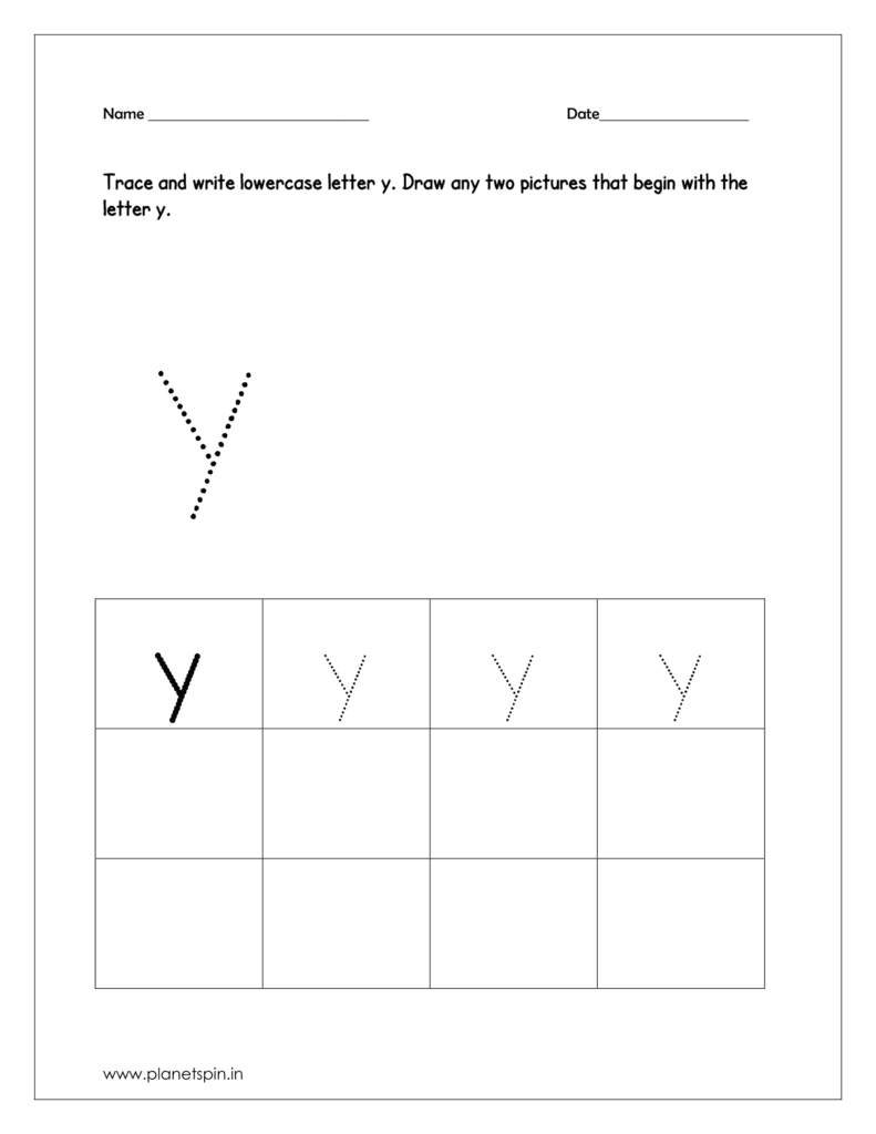 Trace and write the lowercase letter y. And draw any two pictures that begin with the letter y and color the pictures too.