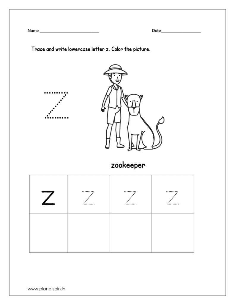 Trace and write the lowercase z. Then color the picture (zookeeper).