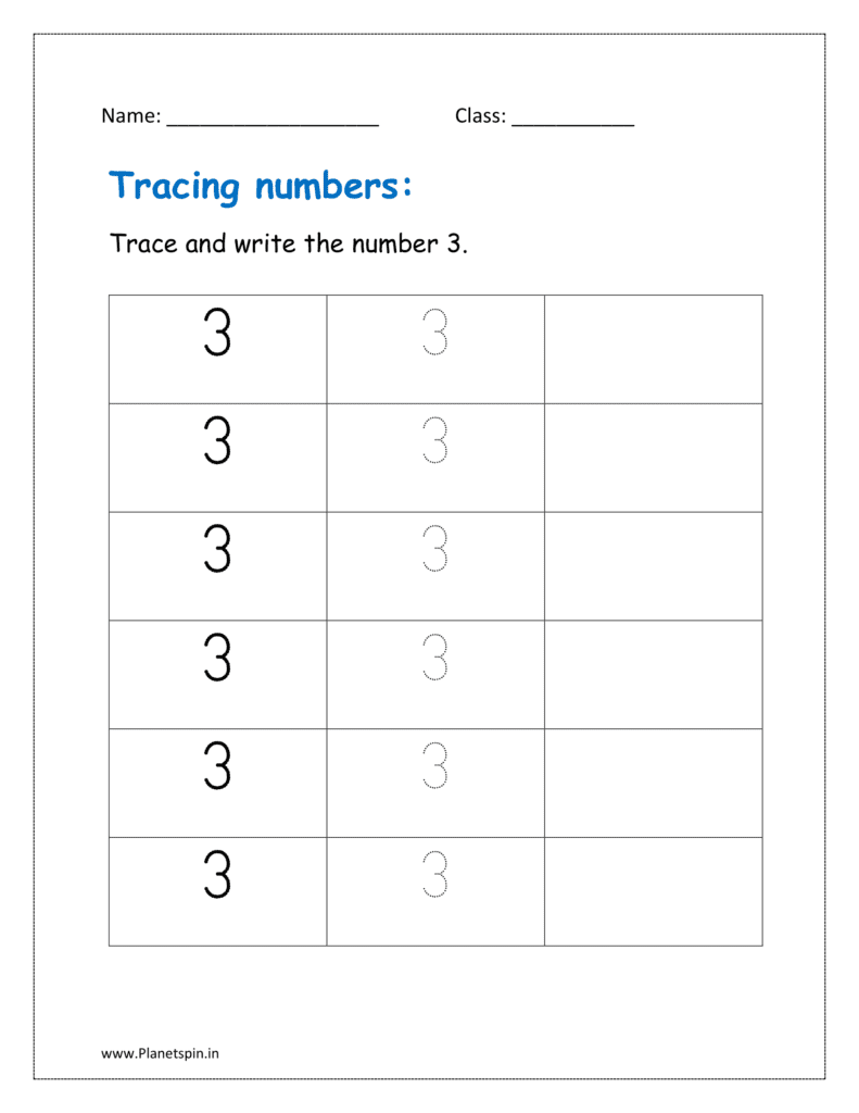 Trace and write the number 3 on dotted lines