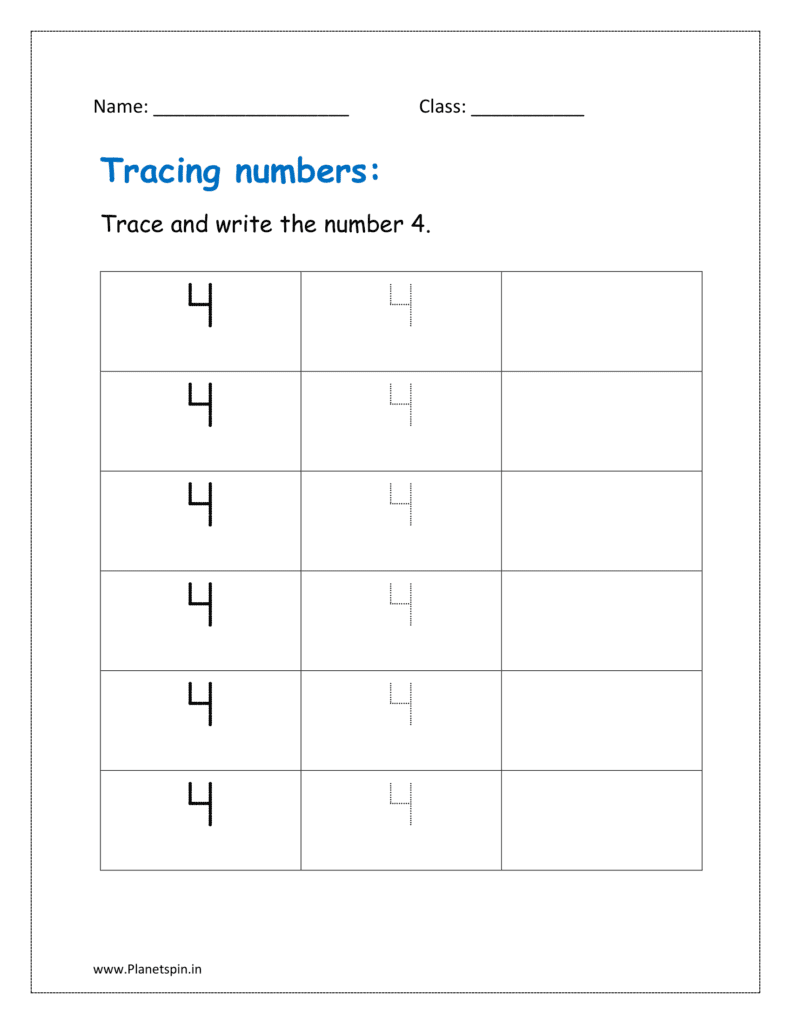 Trace and write the number 4 on dotted lines