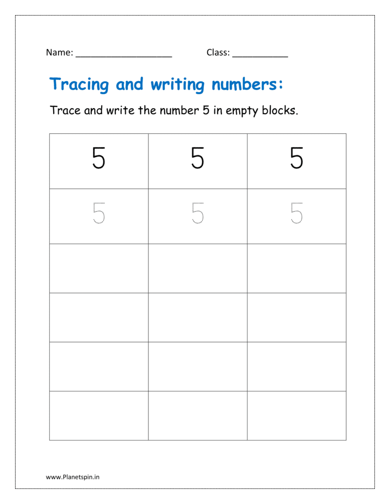 Trace and write the number 5 in all the rows  in the given kindergarten worksheet