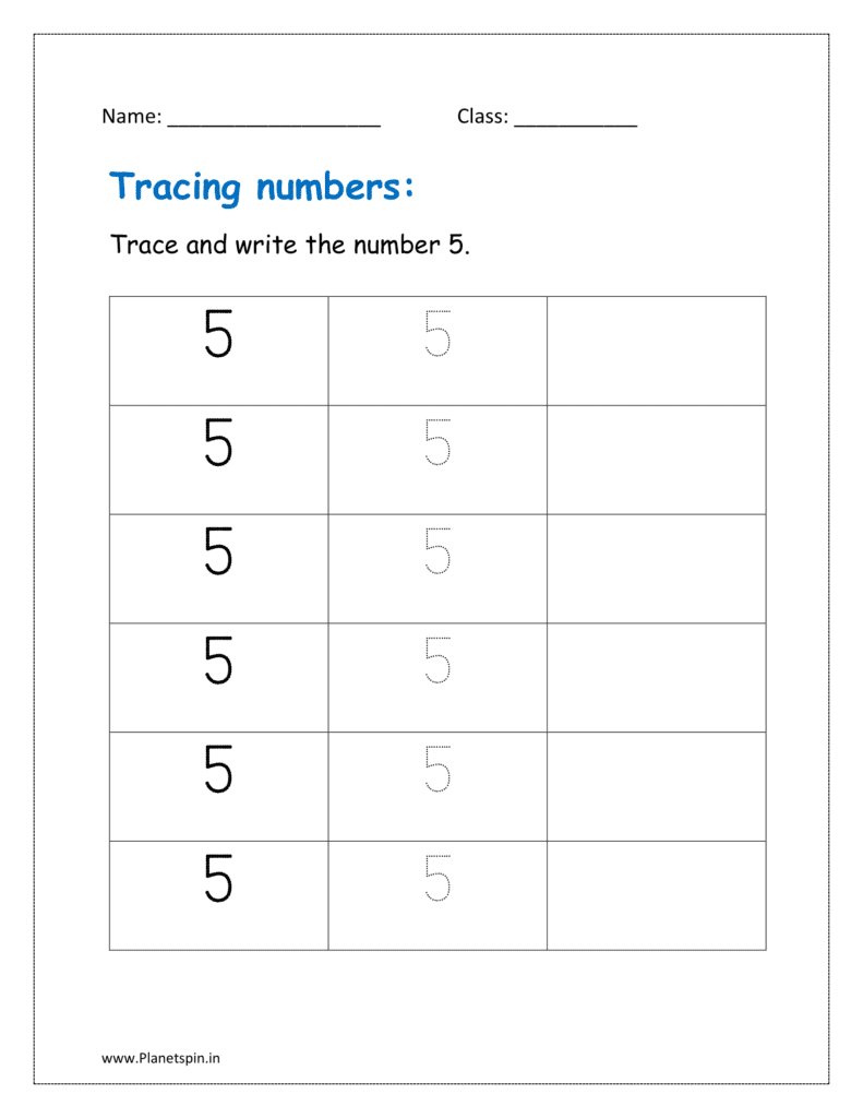 Trace and write the number 5 on dotted lines