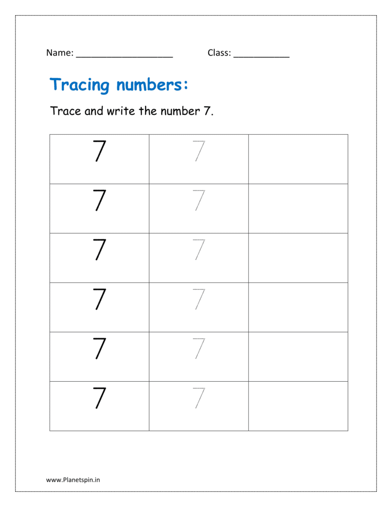 Trace and write the number 7 on dotted lines