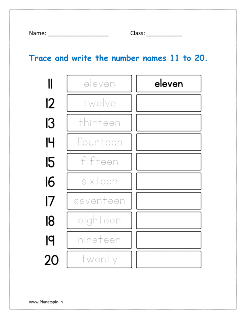 Trace and write the number names 11 to 20