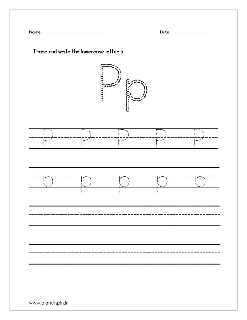 Trace and write uppercase and lowercase letter p on four line worksheet